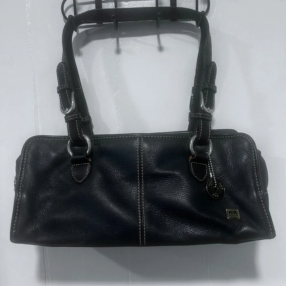 The Sak Black Leather Shoulder Bag Contrast Stitch Baguette Purse Vintage